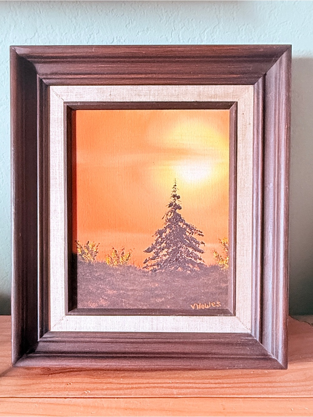 Vintage Signed V. Howes Sunset Pine Tree Landscape Painting Framed 12.5x14.5”